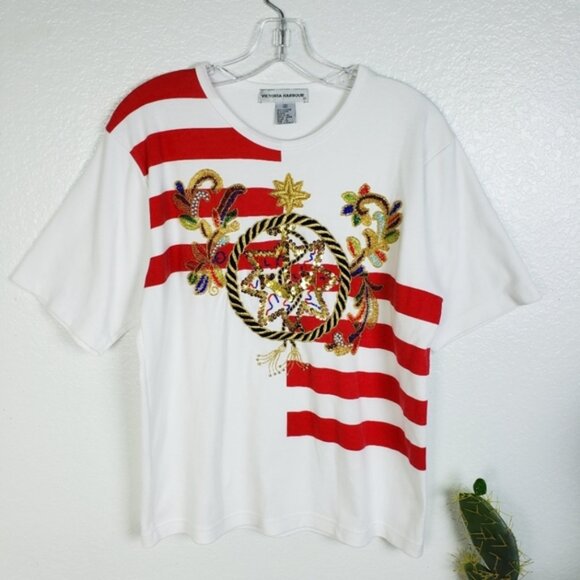 Vintage Victoria Harbour Beaded Sequined Crest T-Shirt Blouse Top size M Retro - Picture 1 of 13